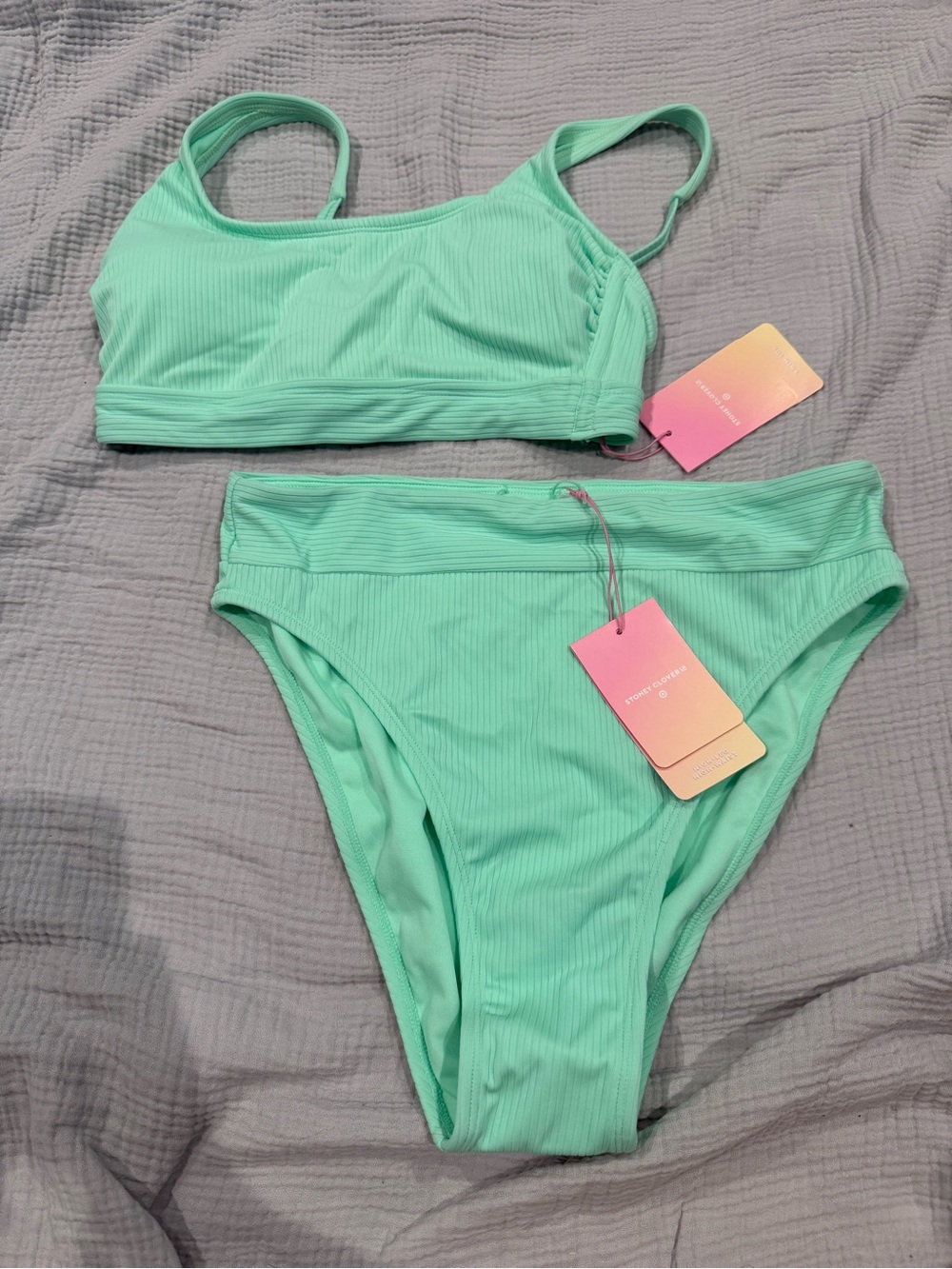 Stoney Clover Ribbed Mint High-Waist Bikini Set - Women Swim D/DD and Large size